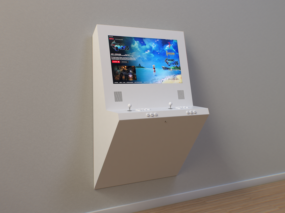 Umbrella Arcades white wall mounted arcade cabinet